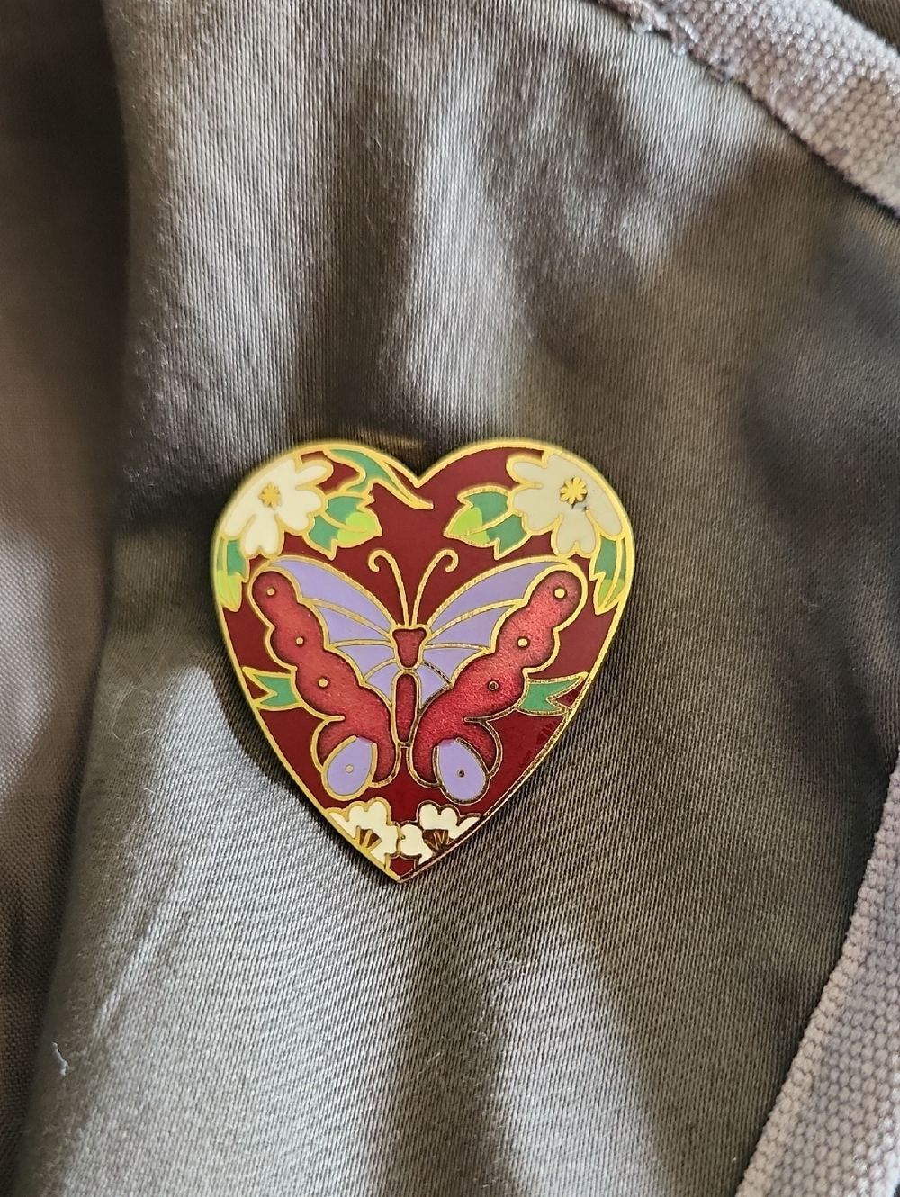 Heart-Shaped Cloisonne Enamel Butterfly Brooch
